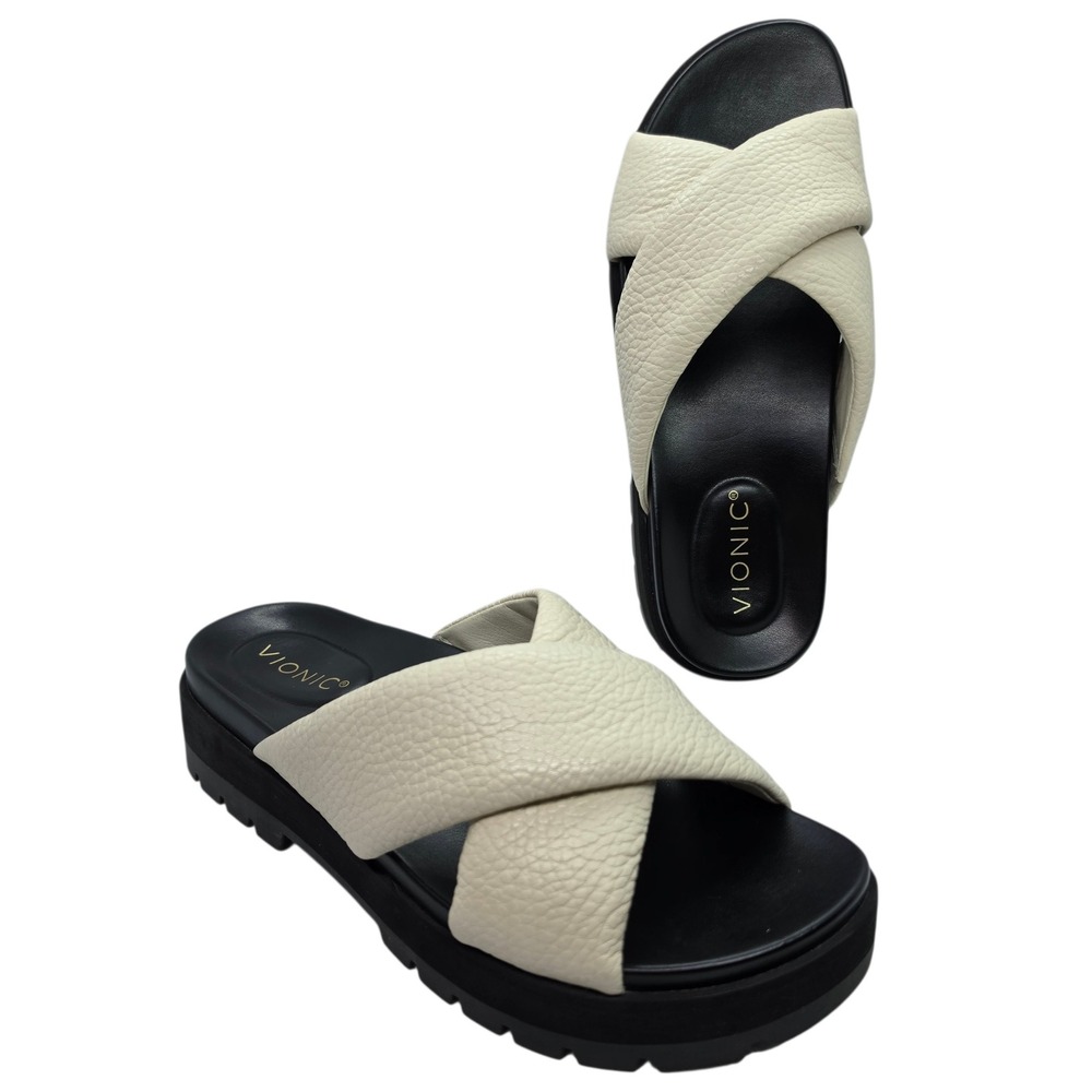 Vionic Vesta Cream Leather Crisscross Platform Slide Sandals Womens 9 Lug Sole